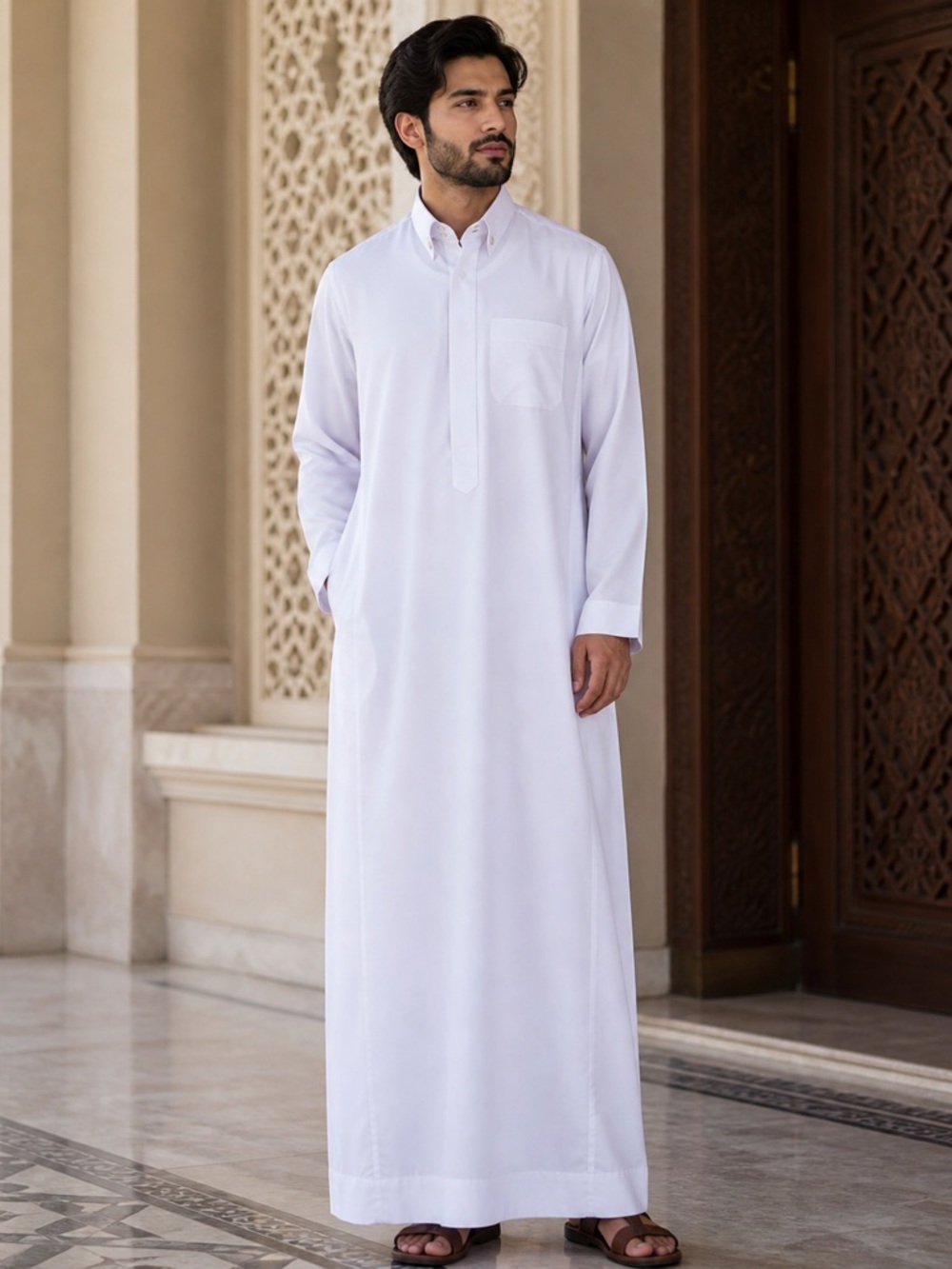 Men’s White Thobe / Jubba – Longline Button Collar Robe – Size 54